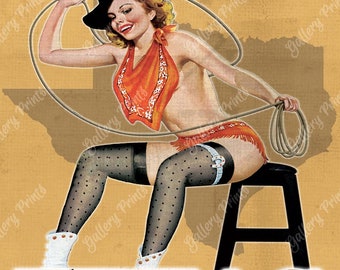 Visit TEXAS via Trans-Texas Airways Travel Print Advertisement - Vintage Style Cowgirl Pinup Poster with Starship Airlines Airplane in Gold