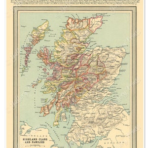 Réimpression de la carte historique des clans d'Écosse | Lieux des clans des Highlands, principaux propriétaires terriens et familles v. 1912 Institut géographique d'Édimbourg