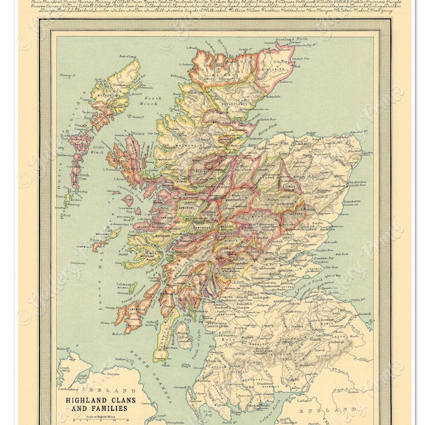 Reimpresión del mapa histórico de los clanes de Escocia / Ubicaciones de los clanes de las tierras altas, principales propietarios y familias c. 1912 Instituto Geográfico de Edimburgo