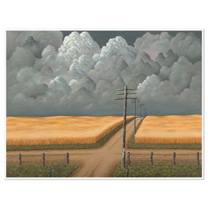 May include: A landscape painting depicts a dirt road splitting through golden fields under a dramatic sky filled with dark, billowing clouds. Telephone poles line the road, and a wooden fence borders the fields.