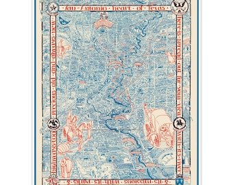 Può includere: Una mappa illustrata in stile vintage di San Antonio, Texas, stampata con inchiostro blu e rosso su uno sfondo color crema. La mappa presenta complessi tracciati stradali, monumenti storici e illustrazioni di figure a cavallo e un carro coperto.