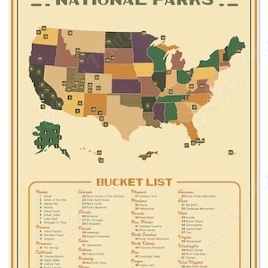 Lista de verificación del mapa del Parque Nacional de EE. UU. Lienzo Imprimir / Cartel de arte Decoración de pared / Marque el mapa de la lista de deseos de sus viajes