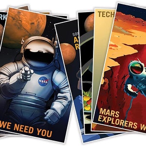 The Complete Set of Eight (8) NASA Mars Explorers Wanted Space Travel Recruitment Posters | Art Prints Retro Wall Decor