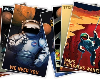The Complete Set of Eight (8) NASA Mars Explorers Wanted Space Travel Recruitment Posters | Art Prints Retro Wall Decor