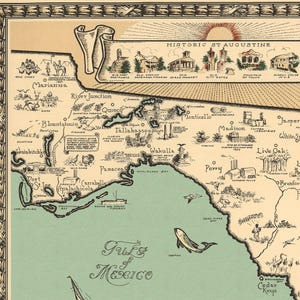 Pu&ograve; includere: Una mappa illustrata in stile vintage della Florida che mostra il Golfo del Messico, citt&agrave; costiere e punti di riferimento. La mappa include etichette di testo per localit&agrave; come Tallahassee e St. Augustine, con disegni di fauna e navi.