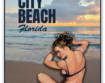 Panama City Beach Florida Travel Print - Vintage Style Promotional Poster - depicts a spectacular sunset and a pinup girl on the shoreline