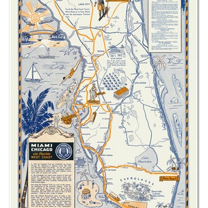 Kaart van Florida door Tamiami Trail Tours, c. 1937 | Fascinerende momentopname van Florida uit de jaren 30 | Vintage stijl muurdecoratie kunstafdruk poster