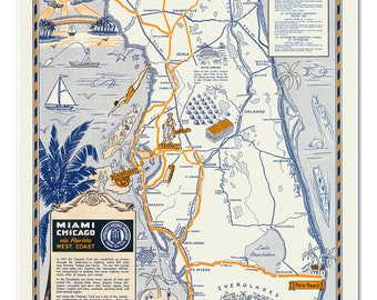 Kaart van Florida door Tamiami Trail Tours, c. 1937 | Fascinerende momentopname van Florida uit de jaren 30 | Vintage stijl muurdecoratie kunstafdruk poster