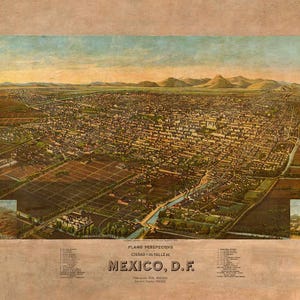 May include: Antique panoramic map of Mexico City, D.F., featuring a detailed aerial view of the city, with surrounding landscapes and inset illustrations. The map is printed on aged paper, showcasing a vintage aesthetic.