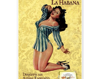 San Cristóbal de la Habana - Anuncio de chica pin-up de puros cubanos - Póster de viaje de estilo vintage
