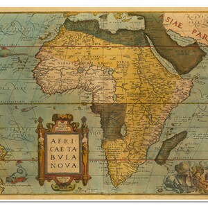 Afrika Tabula Nova von Abraham Ortelius um 1575 - Karte umfasst den Kontinent Afrika, Madagaskar, Arabien und einen Teil Brasiliens