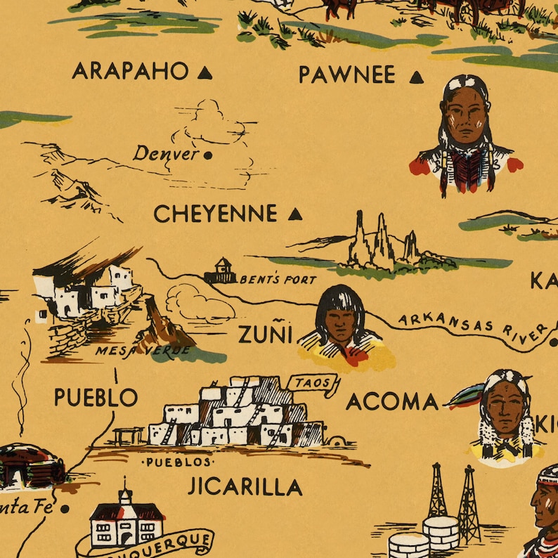 Puede incluir: Un mapa vintage del suroeste de Estados Unidos, con ilustraciones de tribus nativas americanas, incluyendo los Arapaho, Pawnee, Cheyenne, Zuni, Pueblo, Jicarilla, Acoma y Kiowa. El mapa tambi&eacute;n incluye los nombres de ciudades y pueblos, como Denver, Taos y Santa Fe.
