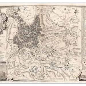 Mapa rústico de la antigua Roma (Italia) de Giovanni Battista Nolli circa 1748 / Impresión artística italiana, póster, decoración de pared vintage