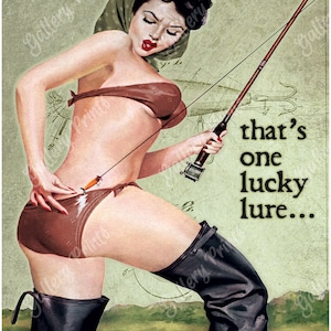 LUCKY LURES FISHING Vintage Style Pinup Girl Art Print Poster - ...that&#39;s one lucky lure!
