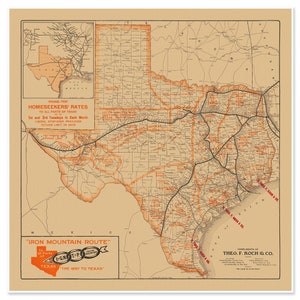 Iron Mountain Route to all Parts of Texas Round | Trip Home Seeker Rates to All parts of Texas c. 1909 | Map Wall Decor | Art Print Poster