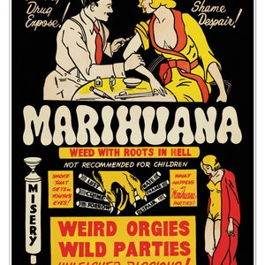 Manifesto del film anti-marijuana del 1930 circa "Marihuana Misery" / Ristampa d'epoca di Reefer Madness / Stampa decorativa con fumatori di erba vecchio stile