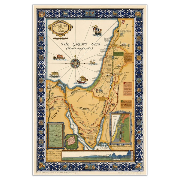 Biblical Map of the Holy Land Showing Historical Boundaries, Roads, Railways & Places named in the New Testament c. 1928 | Art Print Poster