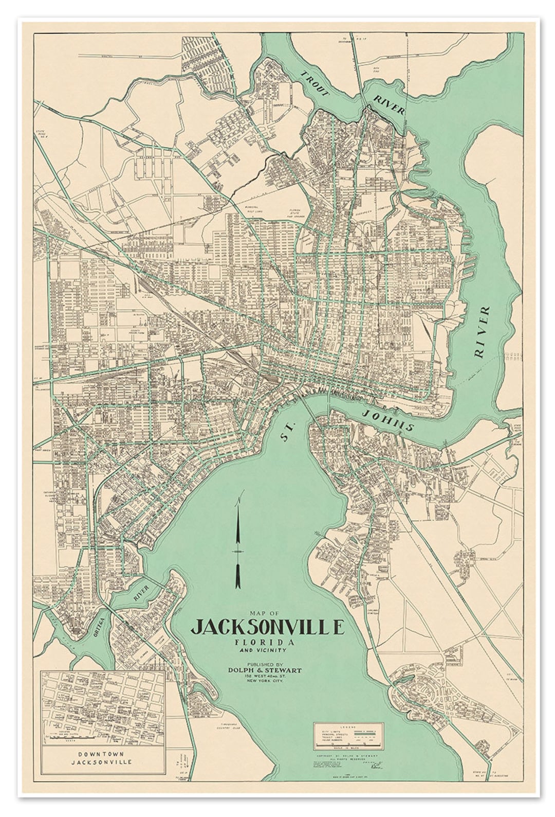 Map of Downtown Jacksonville Florida Circa 1930 Includes