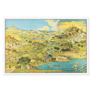 Het land van het Nieuwe Testament, circa 1939 | Poster vintage muurdecoratie kunstafdruk | Religieuze kinderkamer | Geïllustreerde kaart Leven van Jezus