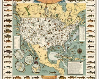 Pictorial Map Print of the USA's Big Game Fish circa 1936 - Fishing Art Poster