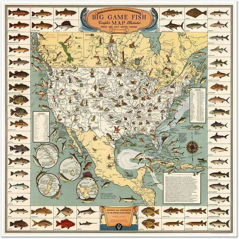 Pictorial Map Print of the USA's Big Game Fish circa 1936 Fishing Art Poster image 1