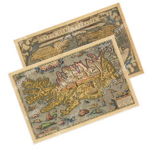 Set of Two (2) 16th Century Maps by Abraham Ortelius - (1) Sea Monsters of Iceland - Islandia c. 1595 (2) World Typus Orbis Terrarum c. 1571