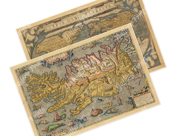 May include: Two antique-style cartographic prints featuring historical maps. The top map is titled Typus Orbis Terrarum, while the bottom map is titled Islandia, depicting the island with detailed topography, sea monsters, and Latin text.