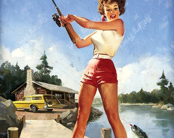 Visit TAHOE via Southwest Airways - Vintage Style Fishing Travel Print Pinup Girl Art Poster