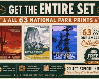 Complete set posters van nationale parken | Vintage WPA-postercollectie van alle 63 parken | Complete set wanddecoratie | Reisdecoratie cadeau