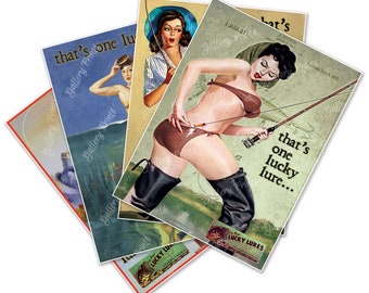 Set of Four (4) LUCKY LURE Fishing Ad Posters | Vintage Tackle Pinup Print Bait Advertisement Poster | Dad or Fisherman Wall Decor Gift