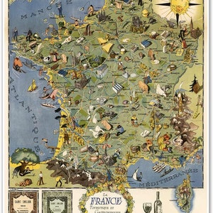 The Vintage Gourmet Map of France - Touristique et Gastronomique la France circa 1948 - Art Print Poster measures 24 x 30 inches
