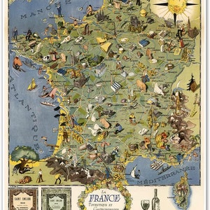 French Gourmet Map circa 1948 | La France Touristique et Gastronomique la France | Art Print Poster Vintage Wall Decor | Food Tourist Map