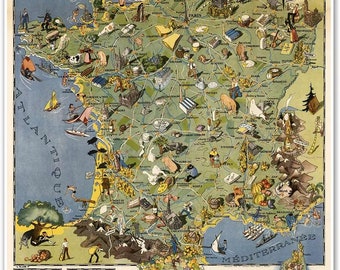 The Vintage Gourmet Map of France - Touristique et Gastronomique la France circa 1948 - Art Print Poster measures 24 x 30 inches