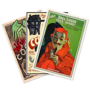 May include: Three vintage movie posters with a green, red, and black color scheme. The posters are for the films "Coco", "The Drug Terror (Evils of Cocaine)", and "Strips Infidelity".