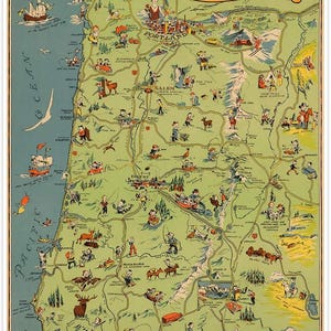 Oregon Map Illustrated Playground | Activities & Outdoor Recreation Art Print | Vintage Wall Decor by Oregon Recreational Service c. 1936
