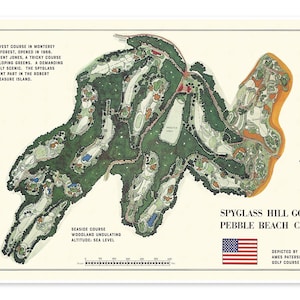 May include: A vintage map of the Spyglass Hill Golf Course in Pebble Beach, California. The map features a detailed illustration of the course layout with green fairways, water features, and surrounding terrain. Text includes course details and the American flag.