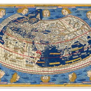 Wereldkaart | Wereld vóór Columbus | door Claudius Ptolemaeus / Johann Reger circa 1482-1486 | Kunstdruk Poster Vintage wanddecoratie
