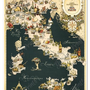 Mapa vintage de la gastronomía italiana / Mapa gastronómico de Italia / Impresión artística de cocina para decoración de pared / Regalo para chef o amante de la comida en lienzo o poliéster satinado