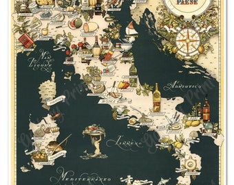 Gastronomic Map of Italy| Poster Art| Gastronomica Chart| Kitchen Wall Decor| Wall Art Print| Poster Vintage| Italy Map Wall Decor