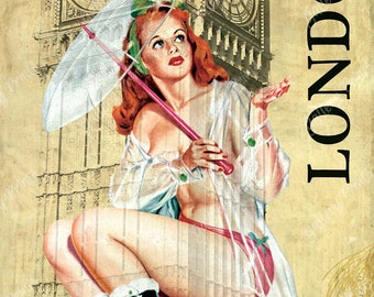 Rainy Day in London Travel Print - Pinup Girl in Front of Big Ben Art Poster