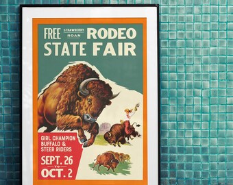 Free Strawberry Roan | State Fair Rodeo Advertisement | Girl Champion Buffalo and Steer Riders | Art Print Poster Vintage Wall Decor