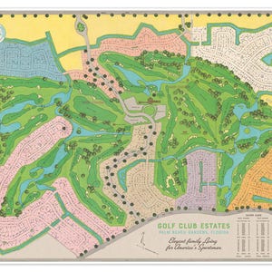 May include: A vintage map of Golf Club Estates in Palm Beach Gardens, Florida, featuring a detailed layout of the golf course and surrounding residential areas. The map uses a colorful palette of greens, blues, pinks, and yellows, with text that reads "Elegant family living for America's Sportsmen."
