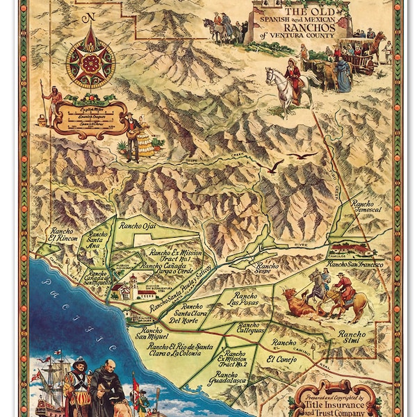 Old Spanish & Mexican Ranchos of Ventura County, California Map by Dudley c 1965 - Rancho El Rincon, Rancho San Francisco, Rancho Simi, etc.