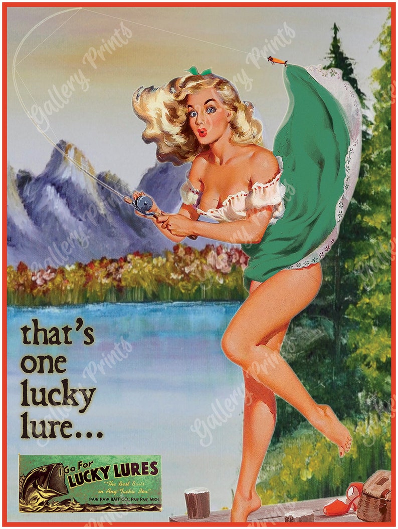 LUCKY LURES Pinup Girl in a Green Skirt Poster Advertisement Vintage Style FISHING Art Print image 1