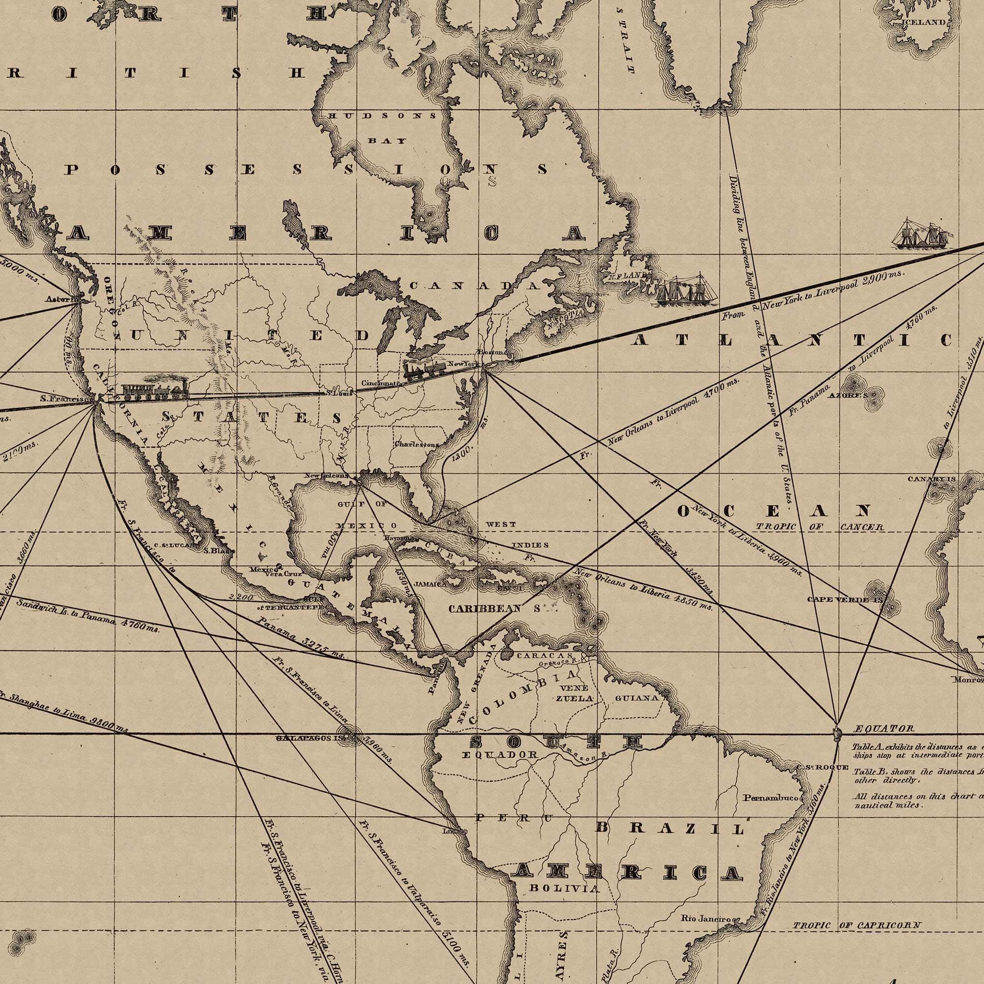 1850年頃の世界航海図｜アンティークマップアート、ヴィンテージ壁掛け