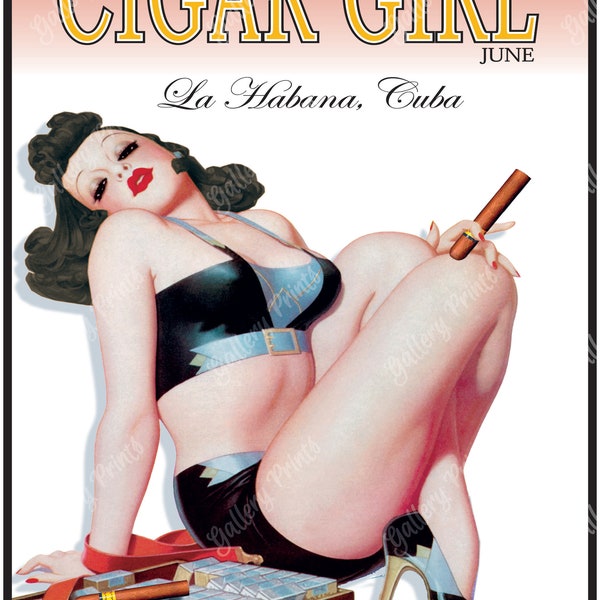CIGAR GIRL JUNE Cuban Cigar Travel Poster Publicité - Vintage Style Pinup Girl Art Print