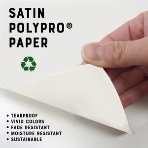 Puede incluir: Papel Satin Polypro con un s&iacute;mbolo de reciclaje verde. El papel se levanta para revelar sus caracter&iacute;sticas: resistente al desgarro, colores vivos, resistente a la decoloraci&oacute;n, resistente a la humedad y sostenible.
