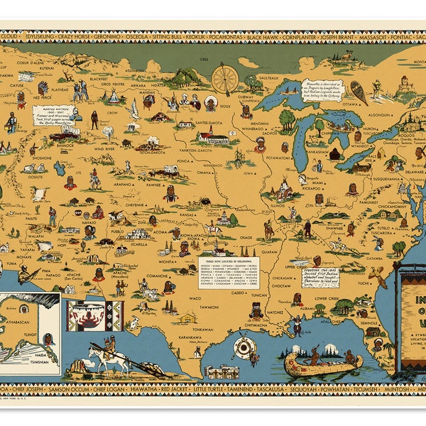 Native American Indian Tribes in the USA Pictorial Map Poster | Vintage Decor Wall Art | Gift for Men, Women, Kids, Teens and Teachers