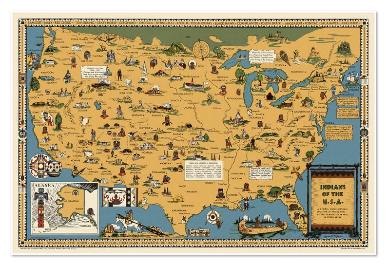 Puede incluir: Un mapa vintage de los Estados Unidos que muestra las ubicaciones de las tribus nativas americanas. El mapa est&aacute; ilustrado con dibujos coloridos de personas nativas americanas, animales y s&iacute;mbolos. El t&iacute;tulo del mapa es "Indios de los EE. UU."