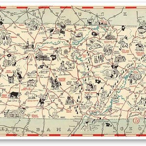 Kaart Tennessee Chuckle circa 1940 | Vintage muurdecoratie poster kunstafdruk | Geïllustreerde afbeelding van de staat Tennessee